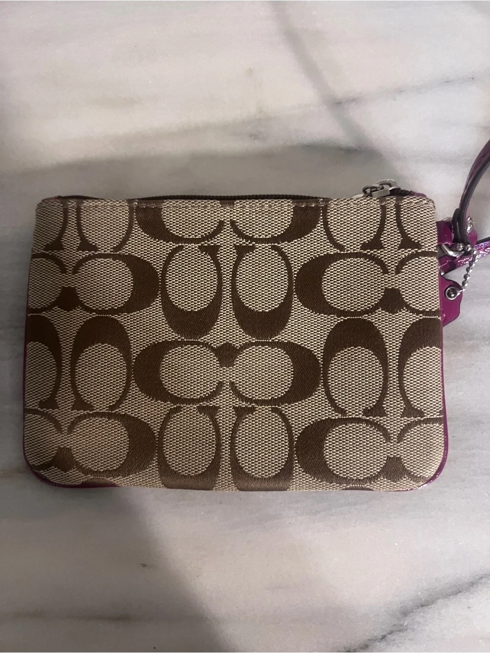 Coach Tan Signature Canvas Wristlet Khaki and Passion Berry
